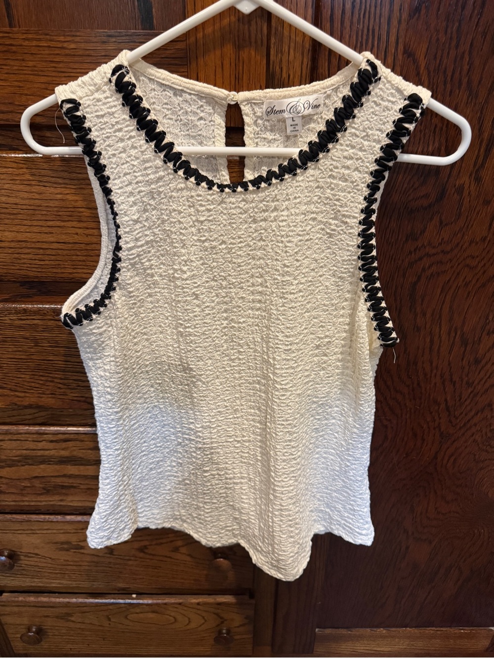 Sten & Ove Cream Textured Sleeveless Top with Black Trim
